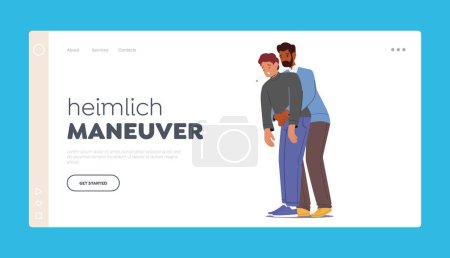 Illustration for Heimlich Maneuver Landing Page Template. Man Stand Behind Conscious Victim Male Character With Hands In The Proper Position On Victim Abdomen. Cartoon People Vector Illustration - Royalty Free Image