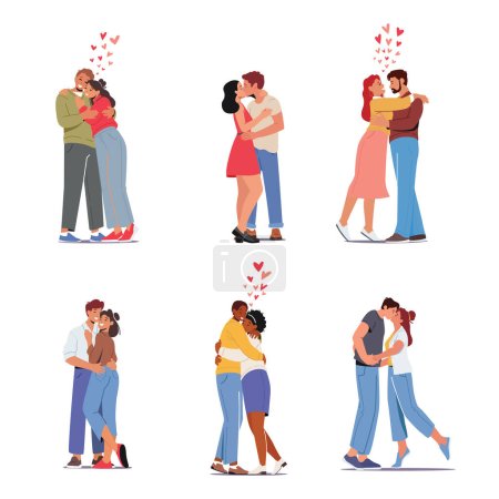 Set Happy Men and Women Kissing and Hugging. Loving Couples Romantic Relations Concept. Male Female Lovers Characters Dating, Love, Connection, Romance Feelings. Cartoon People Vector Illustration