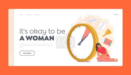 Illustration for Cramps during Menstruation Period Landing Page Template. Lady Periodical Abdomen Pain Dates, Girls Menstrual Time, Premenstrual Syndrome, Health Cycle, Emotional Agenda. Cartoon Vector Illustration - Royalty Free Image