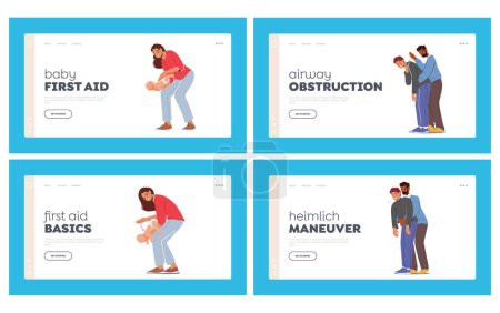 First Aid Food Choking Landing Page Template Set. Characters Choke-bore. Mother Helping Newborn Baby Spit Out a Thing from Throat, Man Help to Person by Heimlich. Cartoon People Vector Illustration