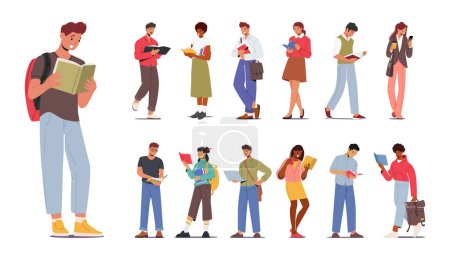 Set of Reading People, Male and Female Characters Reading Books. Young Multiracial Diverse Men and Women Read Textbooks, Students Prepare to Exam, Enjoying Hobby. Cartoon Vector Illustration