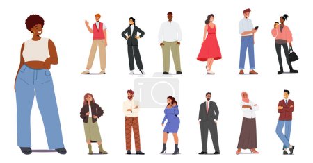 Illustration for Set Stylish Multinational People. Male and Female Characters, Caucasian, Arab, African or Asian Men and Women Wear Trendy Clothes. Multiethnic Persons in Modern Apparel. Cartoon Vector Illustration - Royalty Free Image