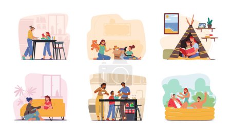 Illustration for Set Parents Spend Time with Children. Mothers and Fathers Family Characters and Kids Playing, Cooking, Reading, Fun and Communicate. Mom and Dad with Infants. Cartoon People Vector Illustration - Royalty Free Image