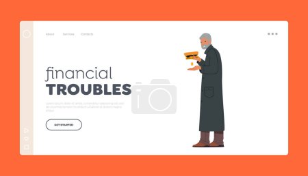 Illustration for Financial Troubles Landing Page Template. Poor Senior Male Character with Last Coin in Wallet. Sad Bankrupt Bearded Old Man in Need. Elderly Person Poverty, Misery. Cartoon People Vector Illustration - Royalty Free Image