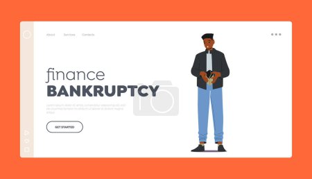 Illustration for Finance Bankruptcy Landing Page Template. No Money, Poverty, Poorness, Misery Concept. Black Male Character Showing Empty Wallet, Man Looking Frustrated About Loan. Cartoon People Vector Illustration - Royalty Free Image