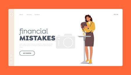 Illustration for Financial Mistakes Landing Page Template. Poor Bankrupt Woman Shake Out Last Coins from Empty Wallet. Upset Jobless Female Character Need Money, Bankruptcy, Debt. Cartoon People Vector Illustration - Royalty Free Image