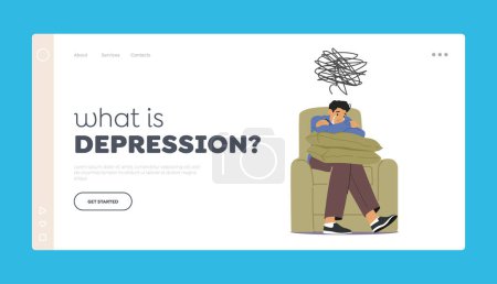 Depression Landing Page Template. Male Character with Life Problems. Depressed Man with Bewildered Thoughts in Mind Sitting in Armchair and Crying. Unhappy Emotion, Grief. Cartoon Vector Illustration