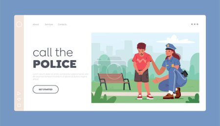 Illustration for Child Get Lost in Public Place Landing Page Template. Scared Baby Crying in City Park. Police Officer Help to Kid Find his Mother Asking Name and Home Address. Cartoon People Vector Illustration - Royalty Free Image