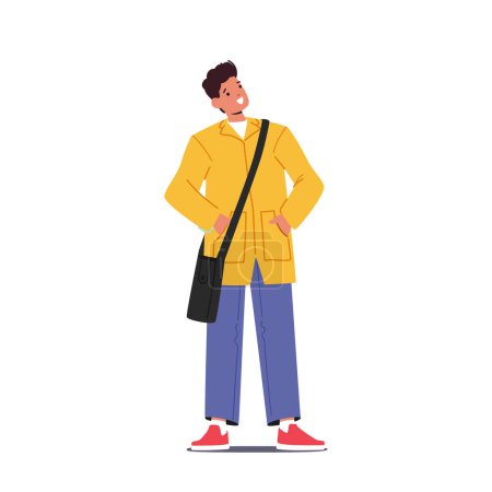 Illustration for Happy Confident Man Stand with Arms Akimbo. Satisfied Successful Male Character Express Confidence. Smiling Businessman, Student Positive Person. Cartoon People Vector Illustration - Royalty Free Image