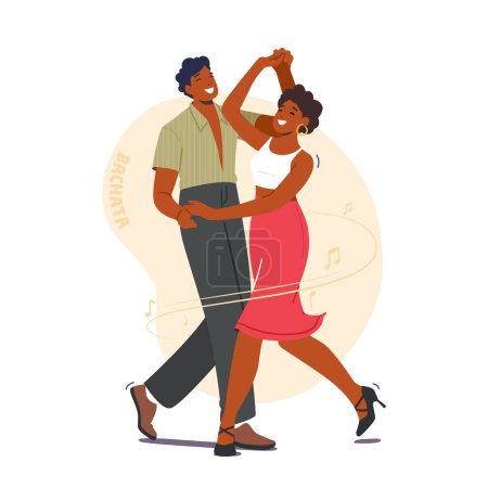Illustration for Young Couple Dancing Bachata Dance. Man and Woman Dancers Partners Characters Perform on Stage or Practicing Performance. People Active Lifestyle, Sparetime or Hobby. Cartoon Vector Illustration - Royalty Free Image