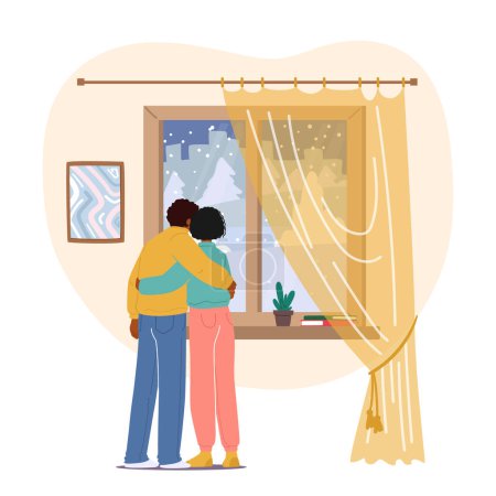 Illustration for Young Loving Couple Stand at Window Hugging and Looking Through on Falling Snowflakes at Winter Day. Family Characters at Home Interior. Wintertime, First Snow. Cartoon People Vector Illustration - Royalty Free Image