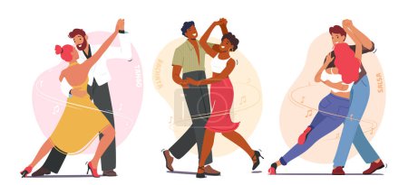 Illustration for Young Couples Dancing Sparetime, Characters Active Lifestyle, Men and Women Spend Time Together Tango, Bachata or Salsa Dance Lessons, Leisure or Weekend Hobby. Cartoon Vector People Illustration - Royalty Free Image