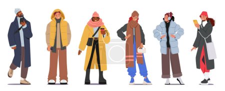Illustration for People Perform Winter Fashion Concept. Male and Female Characters Wear Warm Clothes Isolated on White Background. Trendy Men and Women Posing in Modern Apparel. Cartoon Vector Illustration - Royalty Free Image