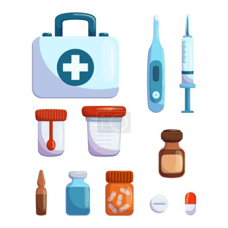 Illustration for Set Of Medical Kit, Box With Cross, Bottle With Iodine, Thermometer And Syringe. Container For Analysis, Ampule, Medicine Pills Health Care Tools, Remedy And Elements. Cartoon Vector Illustration - Royalty Free Image
