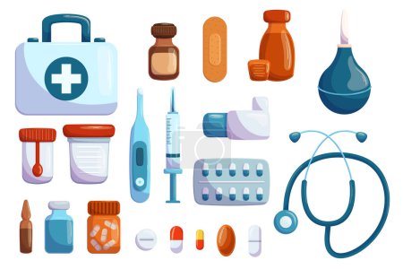 Set Medical Box, Bottle with Iodine, Plaster and Clyster. Container for Analysis, Stethoscope or Medicine Pills or Drugs in Blister. Isolated Health Care Tools or Elements. Cartoon Vector Illustration