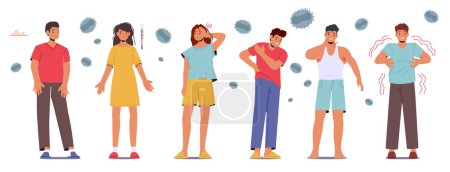 Männliche und weibliche Charaktere mit Monkeypox Virus Symptomen Konzept. Kranke Männer und Frauen mit Allergien, Pockenfieber, Hautausschlag, Kopfschmerzen. Kranke Menschen mit Affenpocken-Krankheit. Zeichentrickvektorillustration