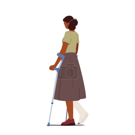 Illustration for Woman with Leg Fracture Walk on Crutches Rear View Isolated on White Background. Injured Patient Female Character with Broken Bandaged Foot in Traumatology Hospital. Cartoon People Vector Illustration - Royalty Free Image