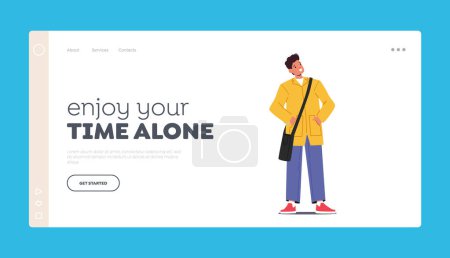 Illustration for Enjoy your Time Alone Landing Page Template. Happy Confident Man Stand with Arms Akimbo. Satisfied Successful Male Character, Smiling Positive Person. Cartoon People Vector Illustration - Royalty Free Image