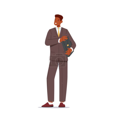Gerente en ropa formal aislada sobre fondo blanco. Hombre de negocios africano Carácter masculino, hombre soltero en traje formal, camisa blanca y corbata con maletín en las manos. Dibujos animados Gente Vector Ilustración
