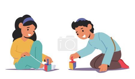 Enfants heureux jouant avec Dreidels en bois. Petite fille et garçon assis sur le plancher tournant des jouets pour Hanoucca célébration de vacances isolé sur fond blanc. Illustration vectorielle de bande dessinée