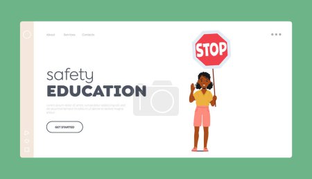 Illustration for Safety Education Landing Page Template. Children Learn Road Rules Concept. Kid Girl Holding Stop Sign. Cute Little Child with Caution Banner for City Road Traffic. Cartoon Vector Illustration - Royalty Free Image