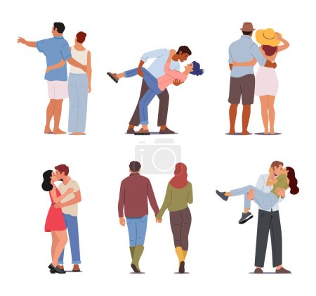 Ilustración de Conjunto de parejas enamoradas, personajes masculinos y femeninos felices abrazando, caminando, bailando y besándose, sosteniendo las manos. Citas románticas, Escaparate de la gente cariñosa. Ilustración de vectores de dibujos animados - Imagen libre de derechos