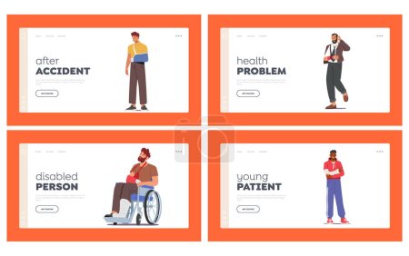 Illustration for Men with Fracture Landing Page Template Set. Male Characters with Broken Legs and Arms Wear Bandage or Drive Wheelchair after Accident Traumatology Injury. Cartoon People Vector Illustration - Royalty Free Image