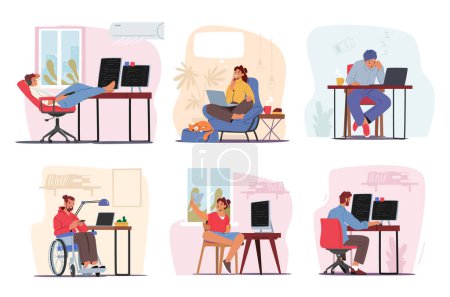 Set Remote Workplace, Homeworking Concept. Men and Women Freelancers Characters Working from Home on Computers. Freelance Self-employed Occupation, Outsourcing. Cartoon People Vector Illustration