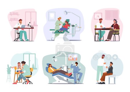 Illustration for Set People Visiting Doctor In Clinic Or Hospital. Adults And Kids Characters On Medical Check Up At Pediatrician, Stomatologist, Otolaryngologist Or Therapist. Cartoon Vector Illustration - Royalty Free Image