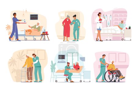 Set Medical Care of Altenpflegekonzept. Sanitäter helfen alten Behinderten in Pflegeheimen oder Kliniken. Sozialarbeiter betreuen kranke Senioren im Rollstuhl auf der Station. Zeichentrickvektorillustration
