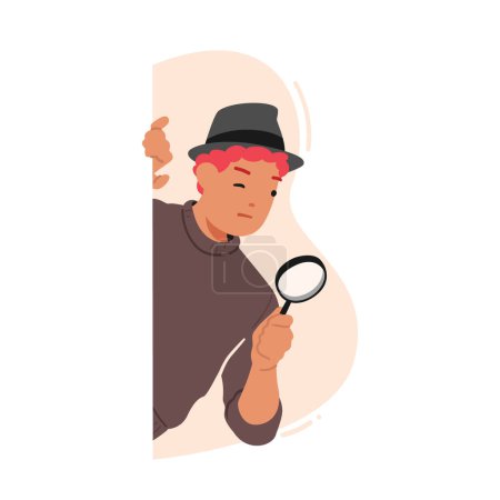 Detective, Secret Service Agent, Investigator or Business Competitor Peeking from behind of Wall with Magnifying Glass. Suspicious Male Character Spying. Cartoon People Vector Illustration