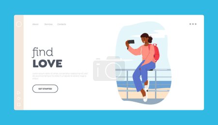 Illustration for Find Love Landing Page Template. Woman Taking Selfie or Chatting via Smartphone Sitting on Railings Outside, Girl Photographing On Seascape Background For Social Networks. Cartoon Vector Illustration - Royalty Free Image