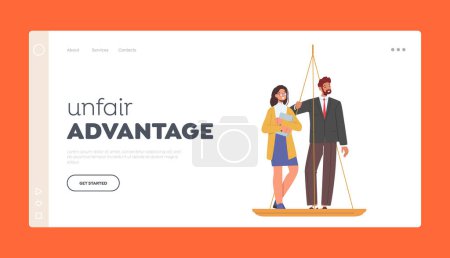 Illustration for Unfair Advantages Landing Page Template. Inequality and Imbalance Concept. Male and Female Characters Stand on Scales, Business Man or Woman Unequal Salary. Cartoon People Vector Illustration - Royalty Free Image