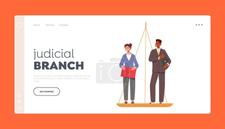 Illustration for Judicial Branch Landing Page Template. Male and Female Characters Stand on Scales, Discrimination In Corporation, Unjust Advantages. Inequality or Imbalance Concept. Cartoon People Vector Illustration - Royalty Free Image