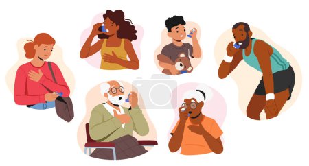 Set of Male and Female Characters Suffer of Asthma Symptoms, Adults, Seniors and Kids Use Inhaler. Respiratory Disease, Health Care Medical Concept, Chronic Illness. Cartoon People Vector Illustration