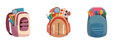 Illustration for Set of Student School Bags Full of Educational Tools. Rucksacks. Knapsacks, Backpacks and Schoolbags for Kids of Bright Colors with Notebook, Paints and Stationery. Cartoon Vector Illustration Icon - Royalty Free Image
