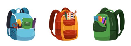Illustration for Student Backpacks with Paints, Stationery and Notebook. Schoolbags for Girl or Boy, Kid School Bags, Modern Knapsacks and Rucksacks for Baby with Slings and Pockets. Cartoon Vector Illustration, Icons - Royalty Free Image