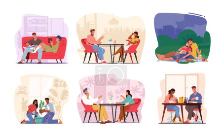 Téléchargez les illustrations : Set Happy Loving Couple Characters Relations and Sparetime. Young Man and Woman Reading Books, Dining, Romantic Date, Planting Flower, Meet in Cafe Together. Cartoon People Vector Illustration - en licence libre de droit
