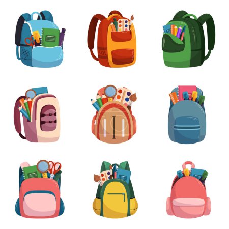 Illustration for Set of Schoolbags, Kids School Bags of Bright Colors, Knapsacks and Rucksacks with Student Stationery and Notebooks. Backpacks with Slings, Clasp and Zip Pocket. Cartoon Vector Illustration, Icons - Royalty Free Image
