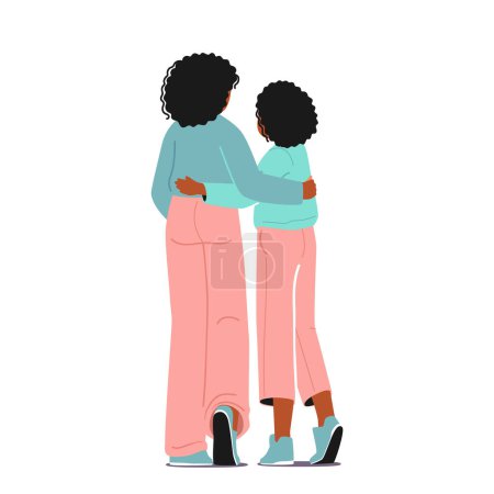 Illustration for Loving Mother and Daughter Hugging Rear View Isolated on White Background. Black Mom and Girl Embrace. Female Family Characters Love, Mothers Day Concept. Cartoon People Vector Illustration - Royalty Free Image