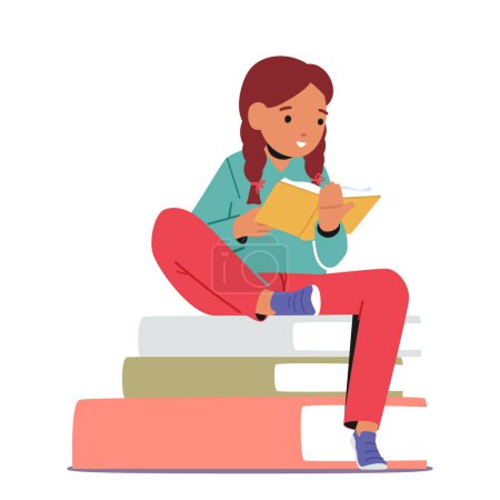 Téléchargez les illustrations : Kid Learning Textbook. Education, Back to School and Knowledge Concept. Schoolgirl Character Sit on Textbooks Pile Read Book, Studying, Prepare Exam in Library. Cartoon Vector Illustration - en licence libre de droit