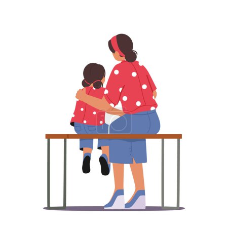 Illustration for Loving Mother and Daughter Hugging Sitting on Bench Rear View. Mom and Girl Embrace, Mommy and Baby Characters Sweet Relations, Cuddle Child. Mothers Day Concept. Cartoon People Vector Illustration - Royalty Free Image