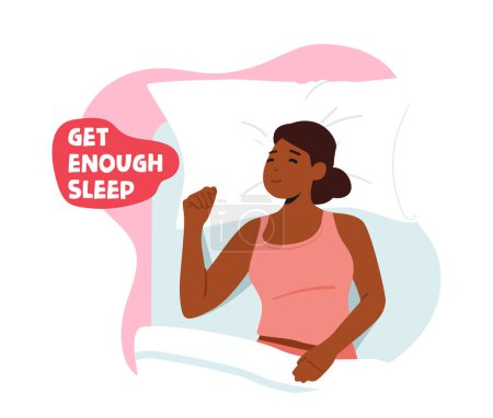 Téléchargez les illustrations : Get Enough Sleep, Night Relaxation, Leisure Banner, Advice for Immunity Boost, Healthy Lifestyle and Wellness with Relaxed Female Character Sleeping in Bed Top View. Cartoon People Vector Illustration - en licence libre de droit