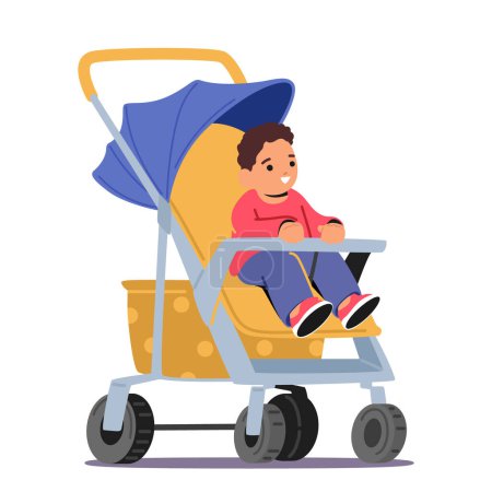 Téléchargez les illustrations : Child Boy Sit in Stroller Isolated on White Background. Baby Carriage for Walking on Street. Cute Toddler Character Sitting in Pram Ready for Outdoor Promenade. Cartoon People Vector Illustration - en licence libre de droit