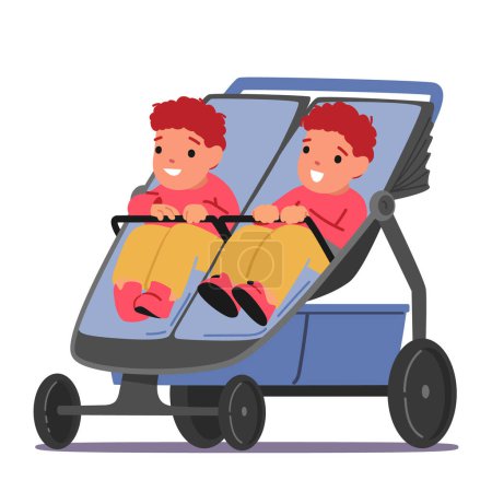 Couple of Twins Toddlers Sitting in Double Stroller Isolated on White Background. Cute Children Characters Sit in Walking Pram, Baby Carriage for Street Promenade. Cartoon People Vector Illustration