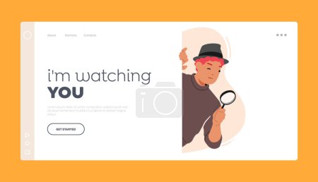Ilustración de Spying Landing Page Template. Male Character Detective, Secret Service Agent, Investigator or Business Competitor Peeking from behind of Wall with Magnifying Glass. Cartoon People Vector Illustration - Imagen libre de derechos