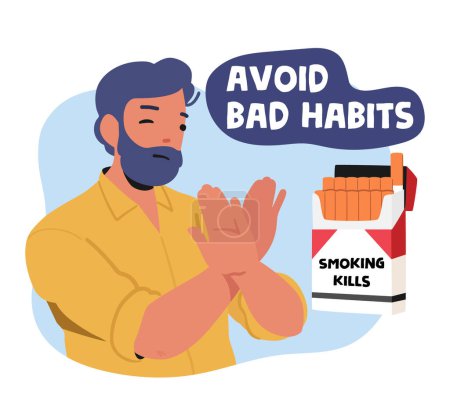 Avoid Bad Habits Banner with Man Shop Stop Gesture for Cigarette Box. Male Character Healthy Lifestyle, Immunity Boost, Give Up Smoking Motivation. Cartoon People Vector Illustration