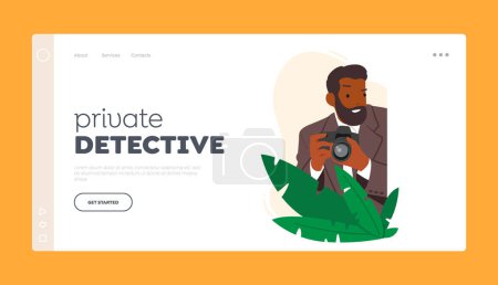 Ilustración de Private Detective Landing Page Template. Male Character Spying with Photo Camera, Secret Agent, Investigator or Business Competitor Peeping, Looking for Information. Cartoon People Vector Illustration - Imagen libre de derechos