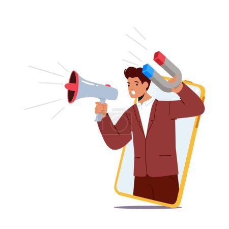 Téléchargez les illustrations : Social Media Marketing, Clients Attraction Concept with Male Character holding Magnet and Loudspeaker on Huge Mobile Phone Screen Isolated on White Background. Cartoon People Vector Illustration - en licence libre de droit