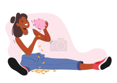 Illustration for Female Character Sitting on Floor Shaking Piggy Bank with Money Falling Down. Savings, Stash, Wealth or Poverty Isolated Concept with African Woman and Pig Moneybox. Cartoon People Vector Illustration - Royalty Free Image